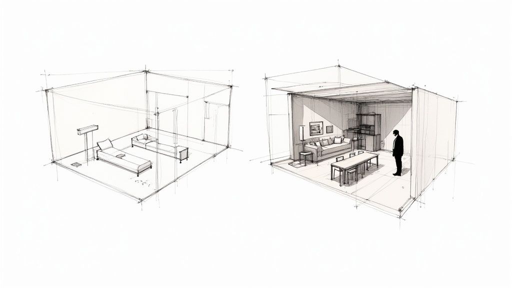 A sleek architectural rendering comparing 3D visualization with traditional 2D blueprints.