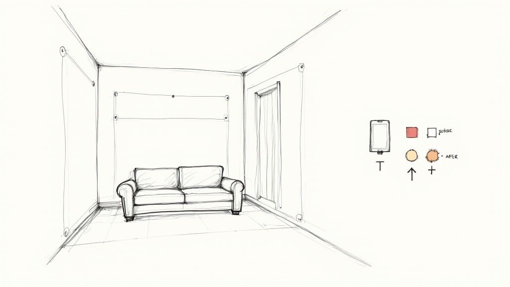 Sketch of a room with a sofa, door, frames, and a legend for before and after options.