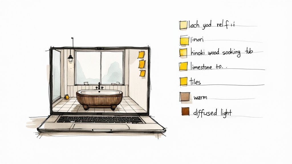 A photorealistic AI-generated bathroom design showing a modern, minimalist style.