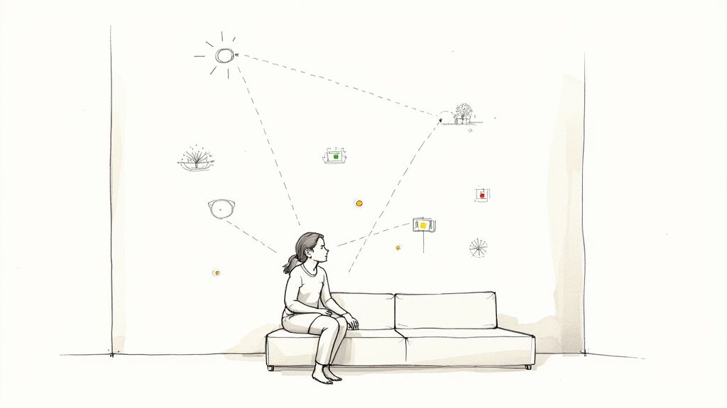 A designer using a futuristic interface to manipulate a 3D model of a room, blending technology with creativity.