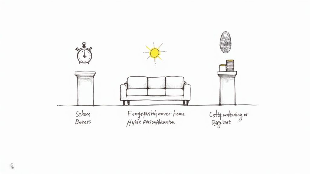 A conceptual sketch showing a stopwatch, a sofa under a sun, and a fingerprint above coins, each with handwritten labels.