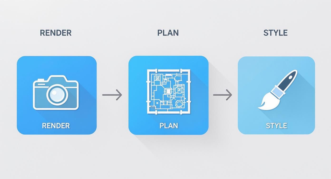 Flowchart illustrating a design process with steps: render (camera), plan (blueprint), and style (paintbrush).