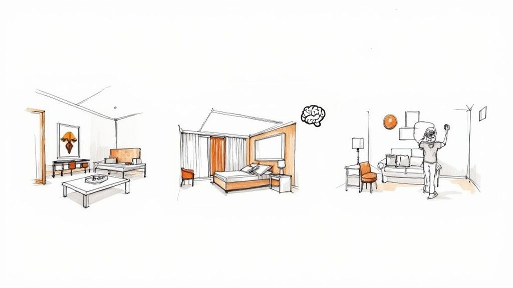 Sketches of AI-driven interior design concepts for various rooms, including a VR user.