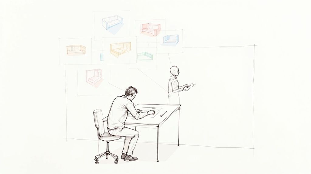 A modern living room designed using AI, showing realistic lighting and textures.