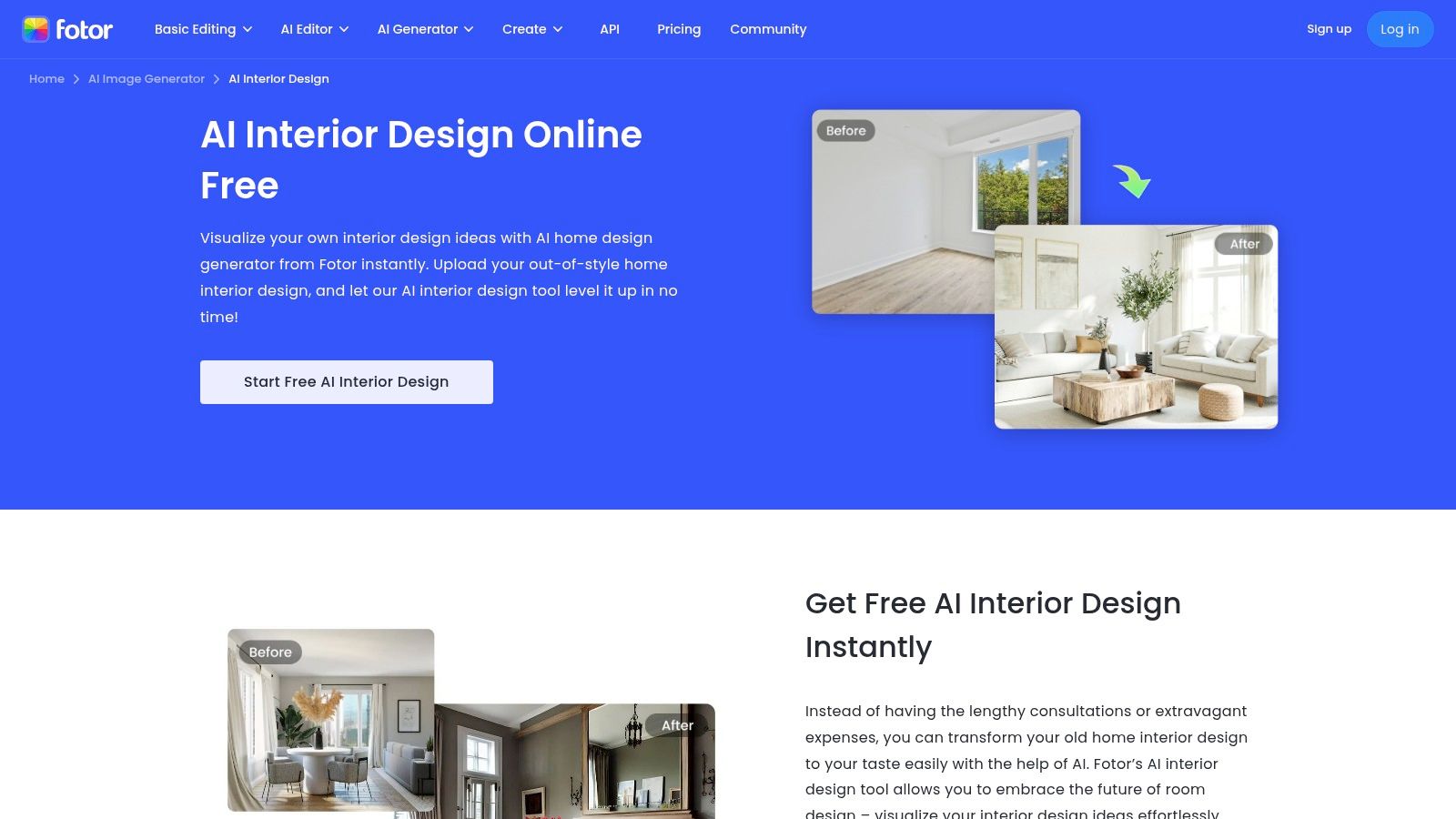 Fotor – AI Interior Design showing a room transformation
