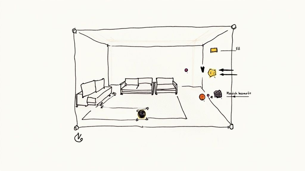 A hand-drawn perspective sketch of a room layout with three sofas, a speaker, and various objects.