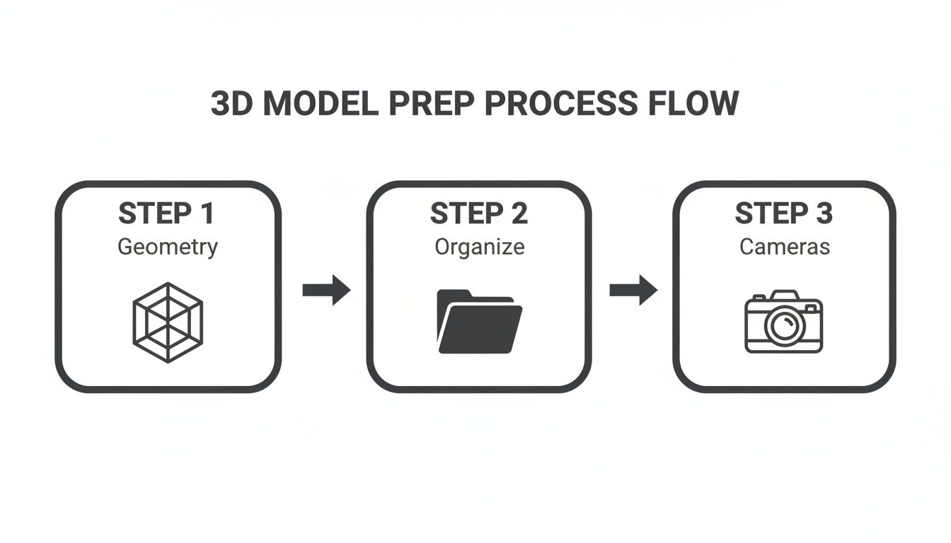 A diagram illustrates the 3D model preparation process flow: Geometry, Organize, and Cameras steps.