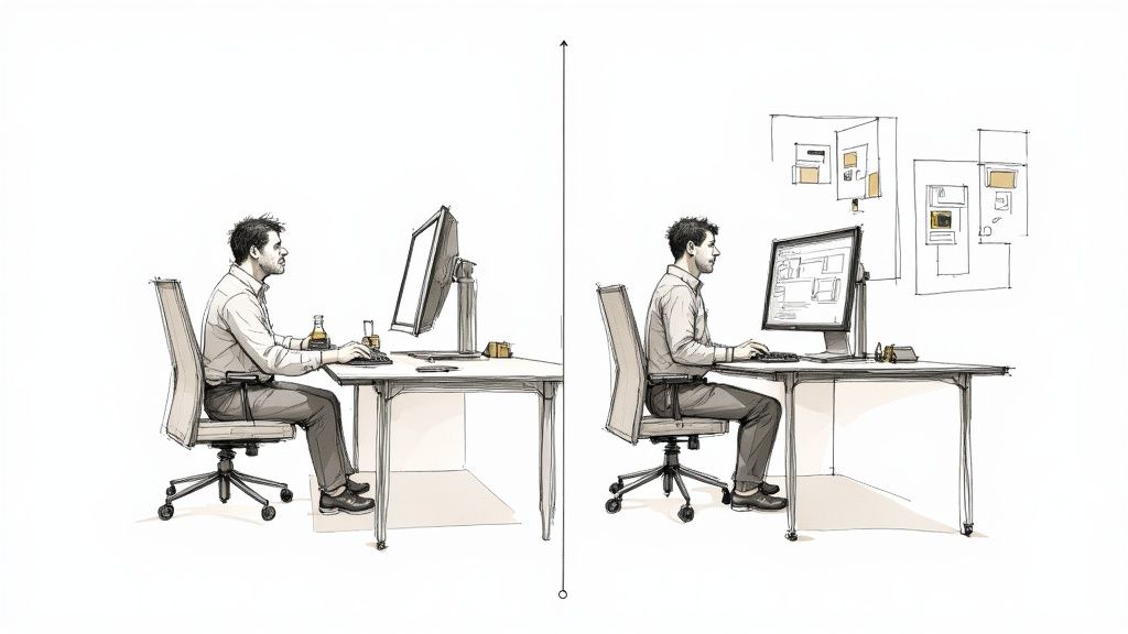 Comparing ergonomic and non-ergonomic computer workstations with a man demonstrating posture differences.