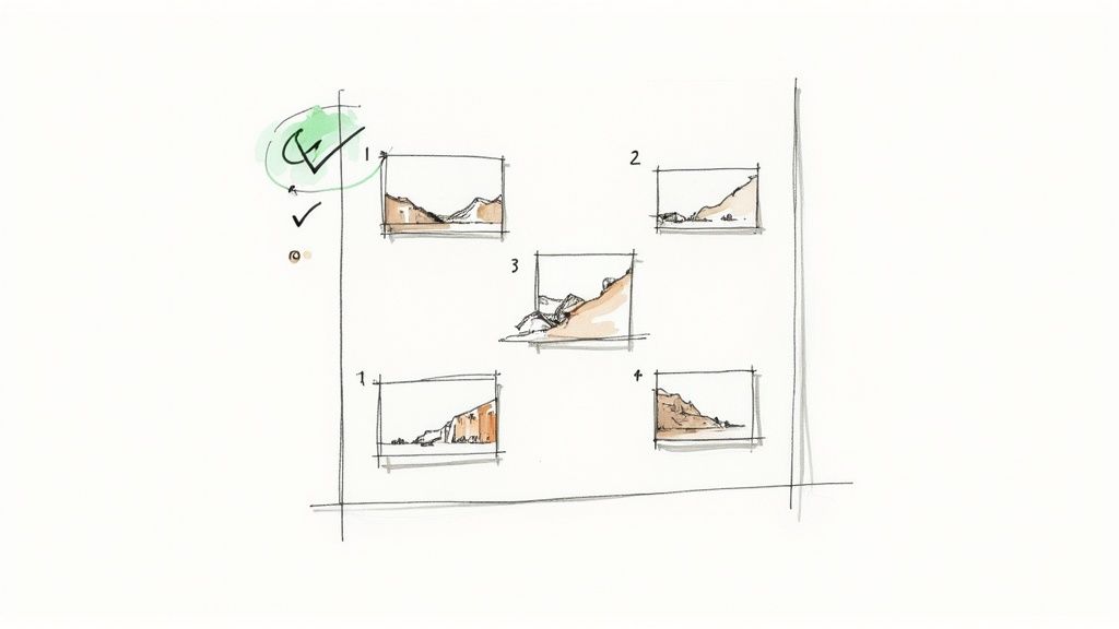 Sketches of five landscape compositions, with a green checkmark indicating the preferred option.