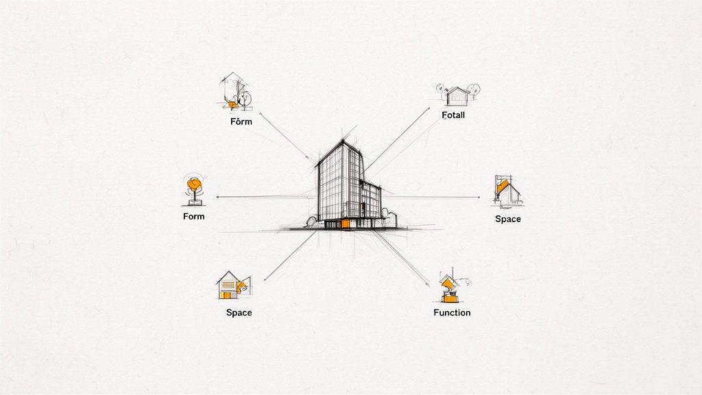 A central architectural building sketch surrounded by linked conceptual elements like form, space, and function.