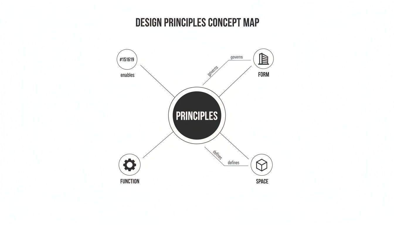 Concept map illustrating design principles, connecting them to form, function, space, and a specific element.