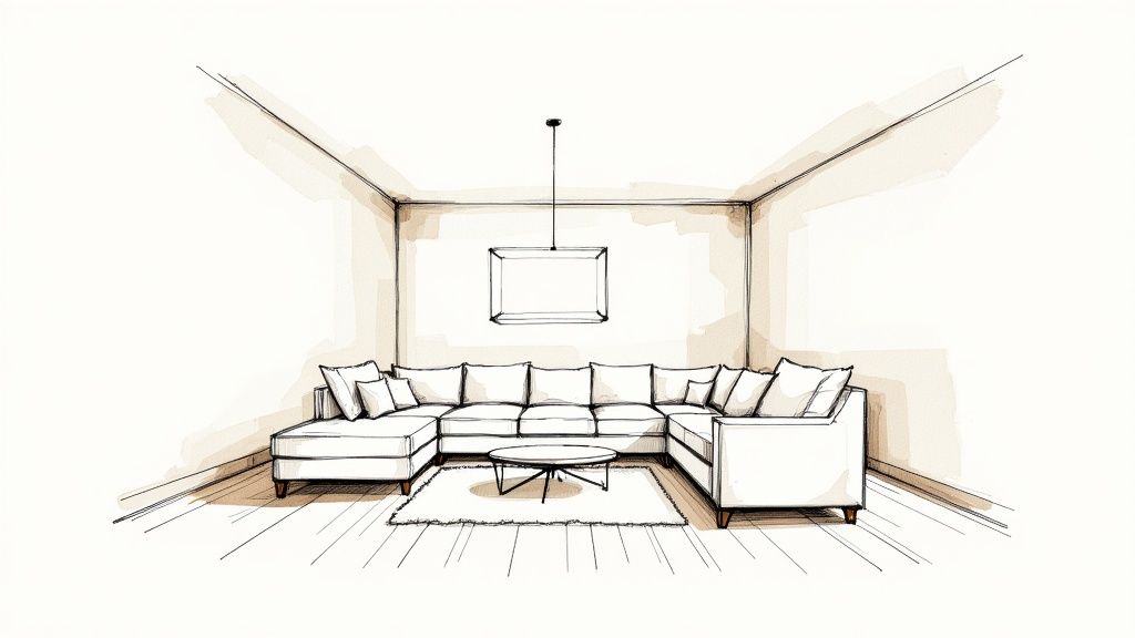 A photorealistic architectural rendering showing a modern kitchen with detailed textures and lighting.