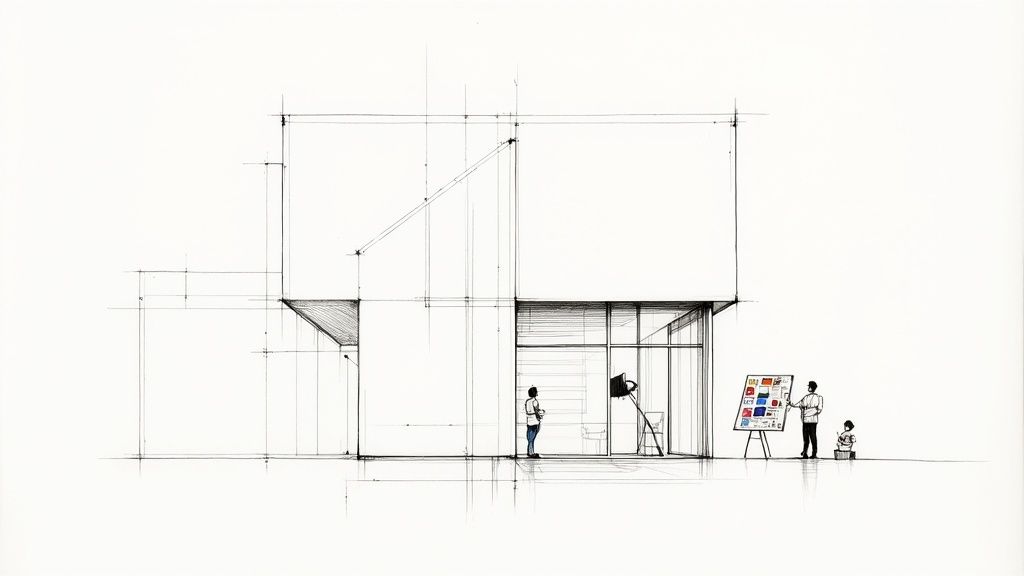 A stunning architectural rendering of a modern building at dusk, with lights illuminating the interior and exterior