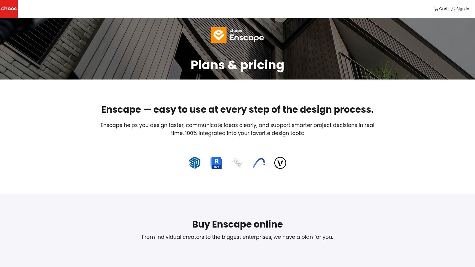 The Enscape user interface showing pricing tiers and features for its architectural rendering software.