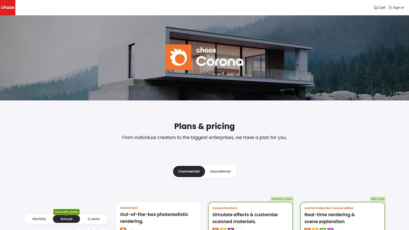 The pricing page for Chaos Corona architectural rendering software.