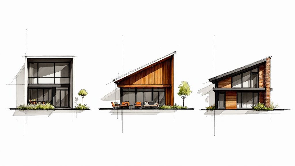 A modern house with a mix of materials like wood and concrete, blending into a natural landscape