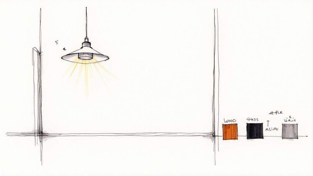 Architectural sketch of a pendant lamp emitting light, with labeled material samples: wood, glass, and steel.
