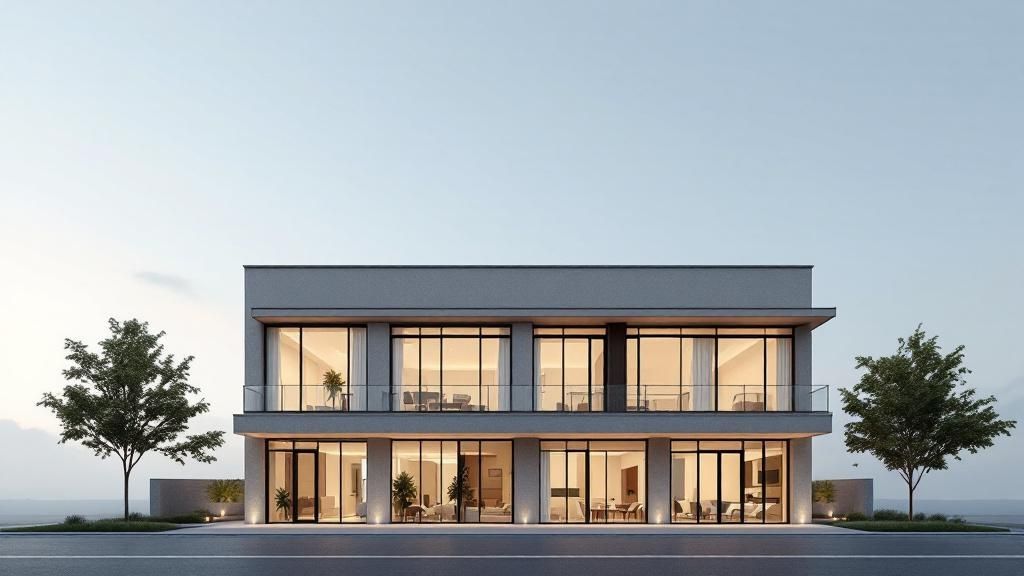 A well-organized SketchUp interface showing a commercial building mid-design.