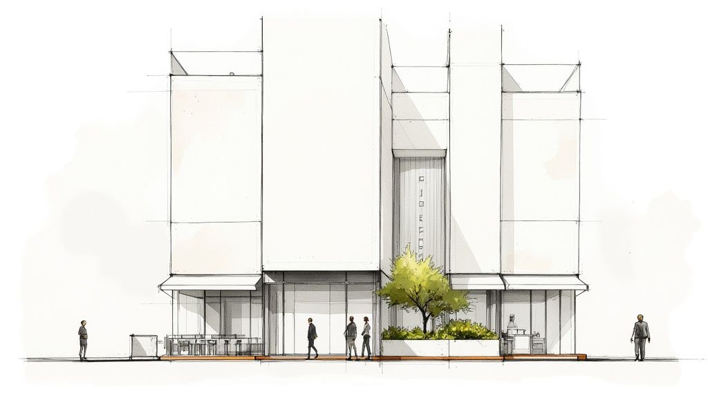 A modern commercial building with a striking glass and metal elevation design