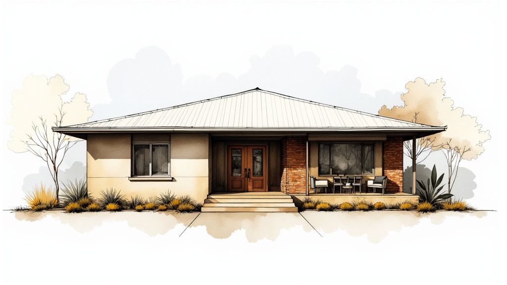 Watercolor illustration of a single-story house with a white metal roof, porch, and landscaping.