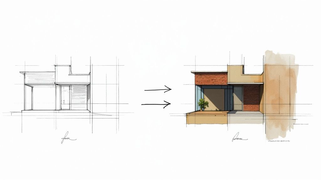 A photorealistic render of a modern home's exterior, showcasing detailed materials and realistic lighting.