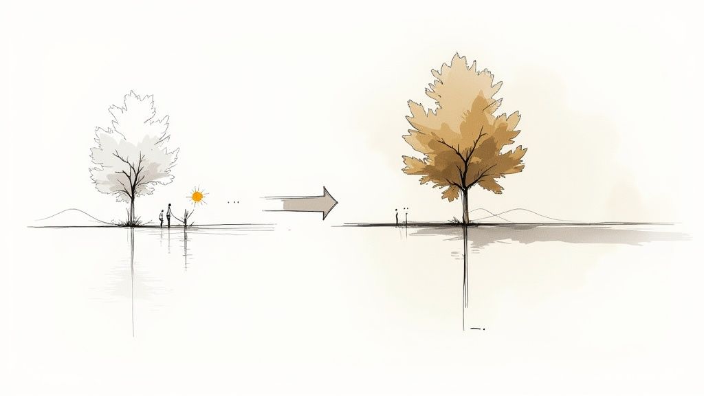 A simple sketch illustrating the passage of time, from a young tree to a mature autumn tree.