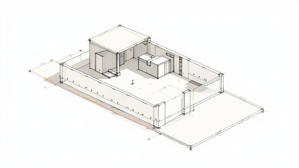 A clean 3D wireframe model of a modern house against a blue background