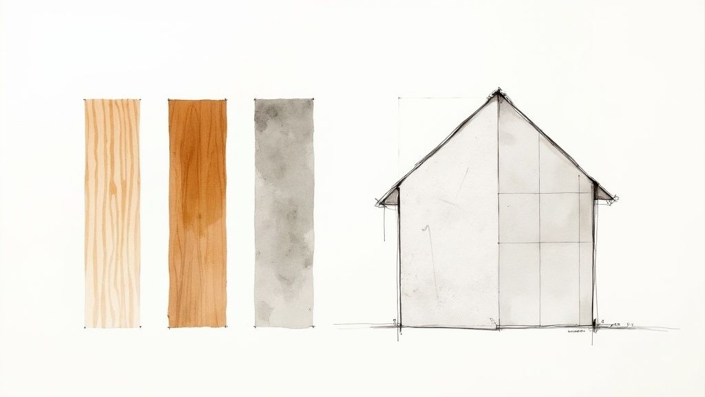 A close-up shot of various material swatches including wood, concrete, and fabric, used for a house 3D render