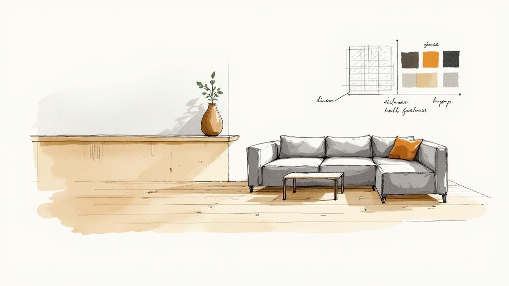 A watercolor sketch of a minimalist living room with a grey sectional sofa, orange pillow, and design chart.