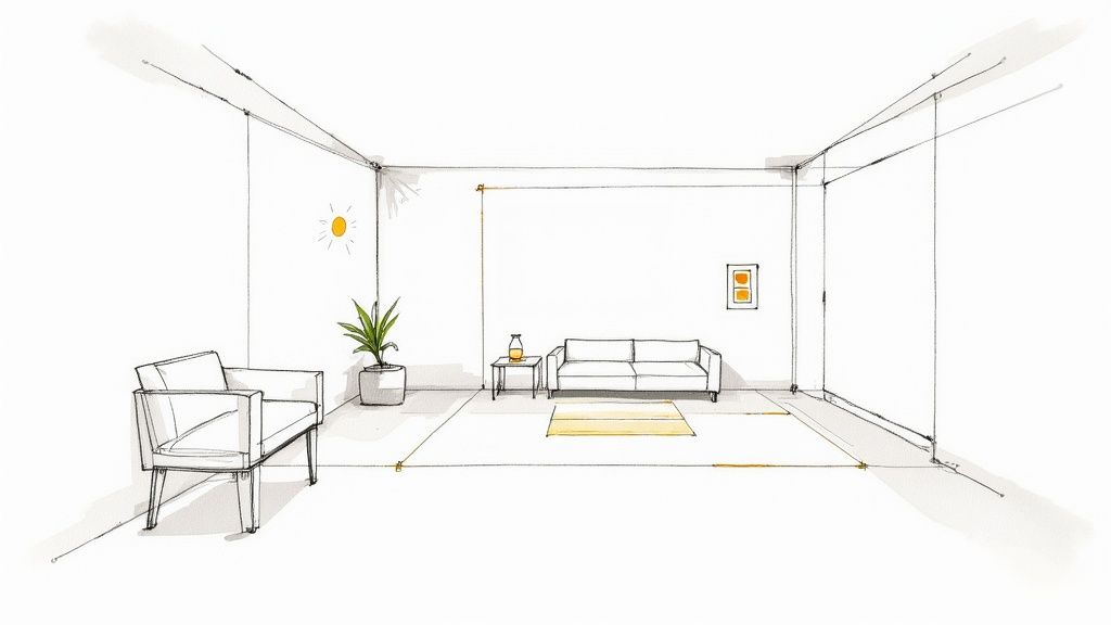 A bright, photorealistic interior design 3d render showing a modern living room with large windows and soft, natural light.