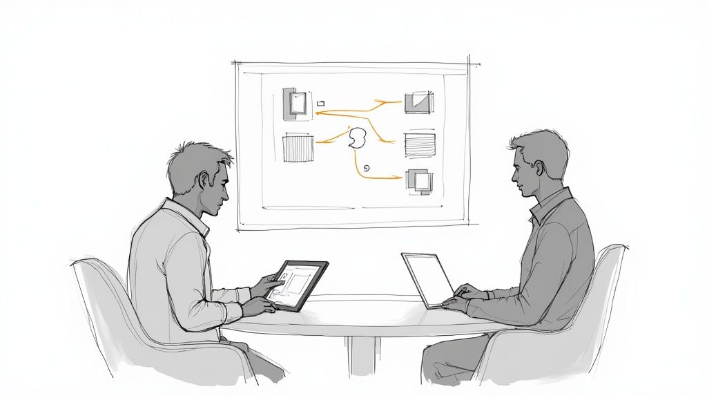 A client reviewing an interior design 3D render on a tablet with a designer.