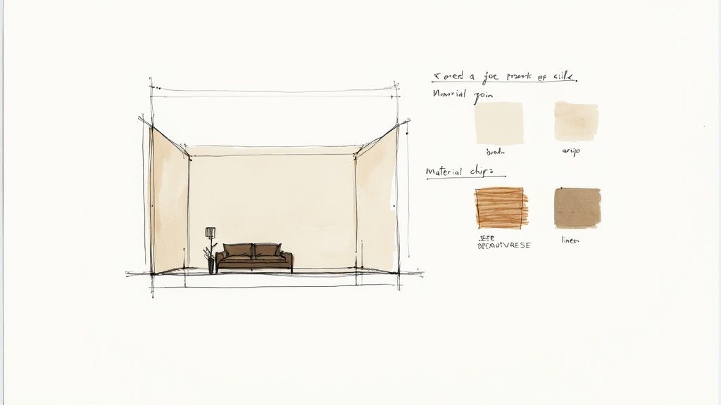 A curated interior design concept sheet with fabric swatches, paint colours, and furniture images laid out on a table.