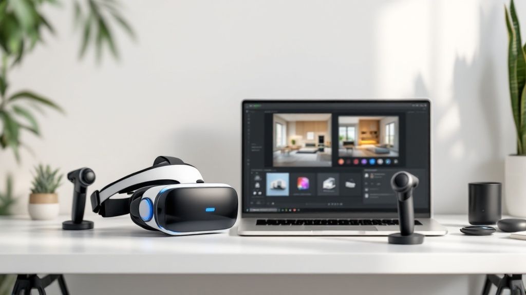 A futuristic interface showing AI suggestions overlaid on a virtual reality interior design scene.