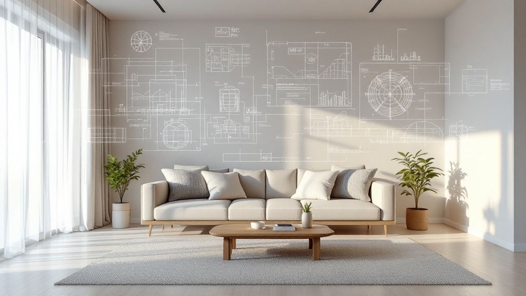 A person using a VR headset to explore a virtually designed living room.