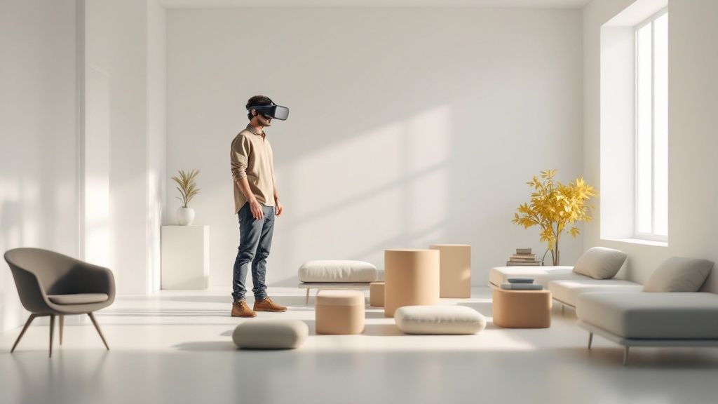 A person wearing a VR headset is interacting with a virtual interior, pointing at different furniture pieces.