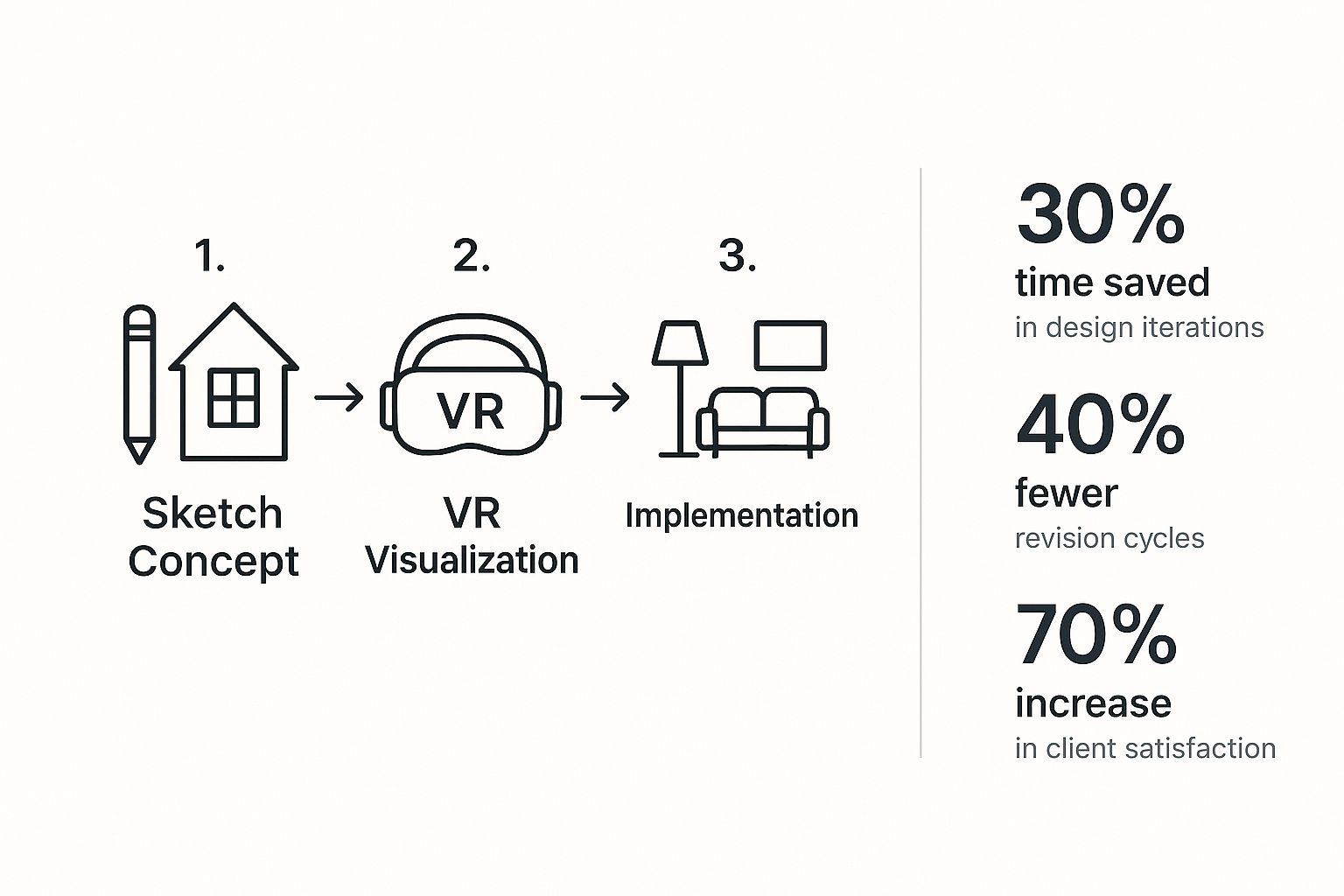 Infographic illustrating the three-step interior design VR workflow from concept to implementation, highlighting key metrics like time saved and increased client satisfaction.
