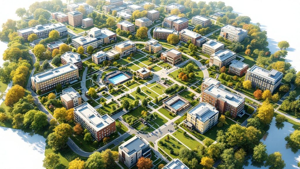 A master plan rendering showing a bird's-eye view of a modern Indian city, illustrating the gap between digital vision and real-world implementation.