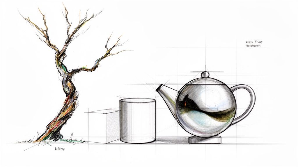 A detailed product sketch featuring a twisted tree, a cube, a cylinder, and a reflective teapot.