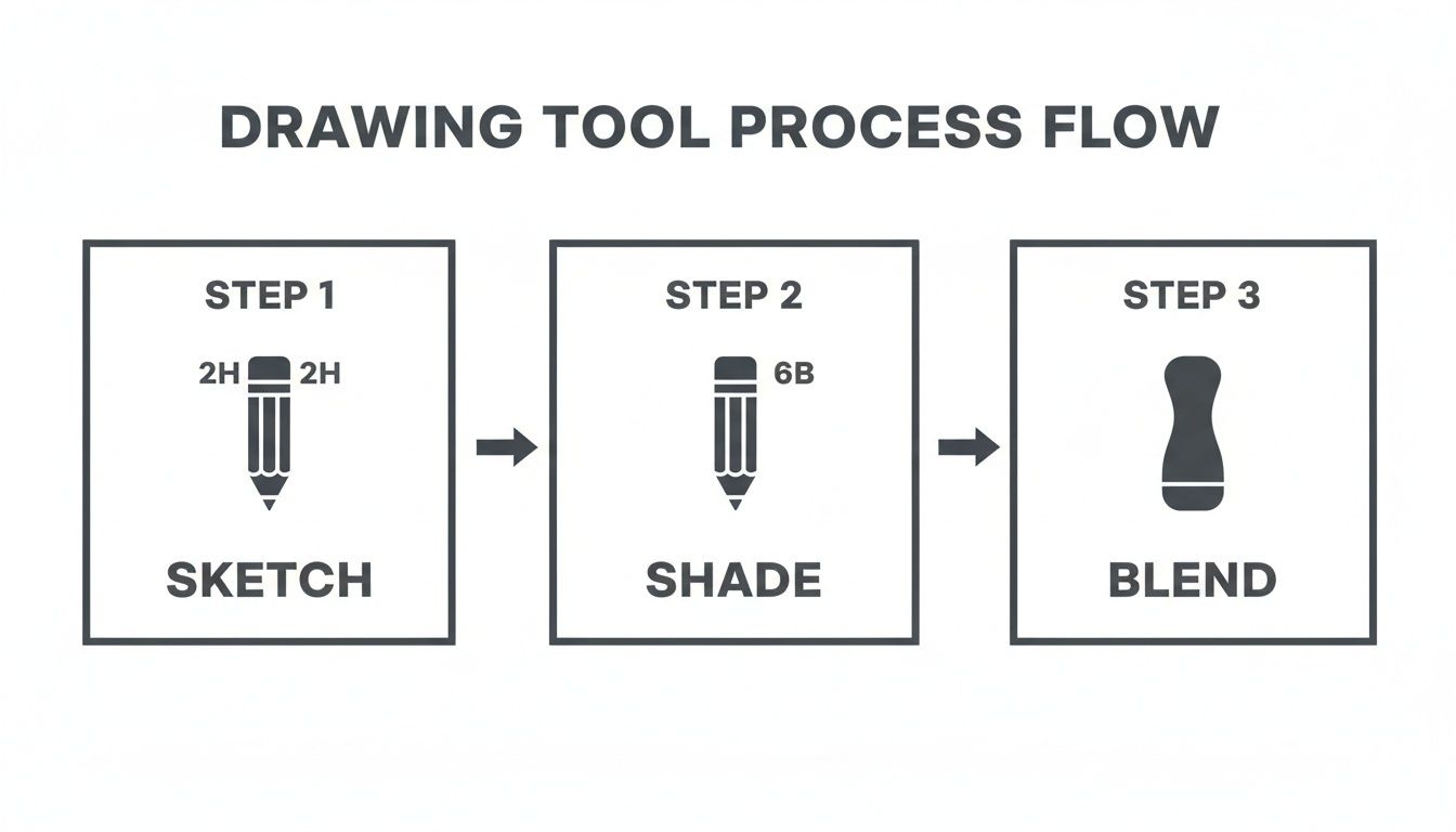 A flow chart illustrating a three-step drawing process: sketch with 2H pencil, shade with 6B, and blend.