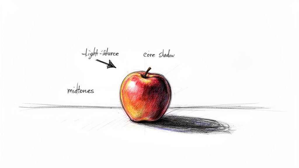 Hand-drawn colored pencil apple illustrating light source, midtones, and core shadow for art instruction.