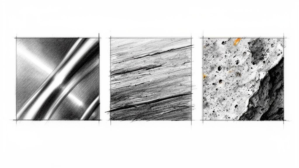Three realistic pencil drawings showcasing different material textures: shiny metal, rough wood, and porous stone.