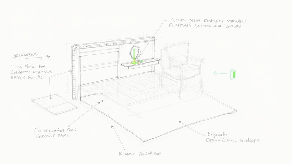 A clean, well-organised 3D architectural model being prepared for rendering, showcasing neat geometry and layers.