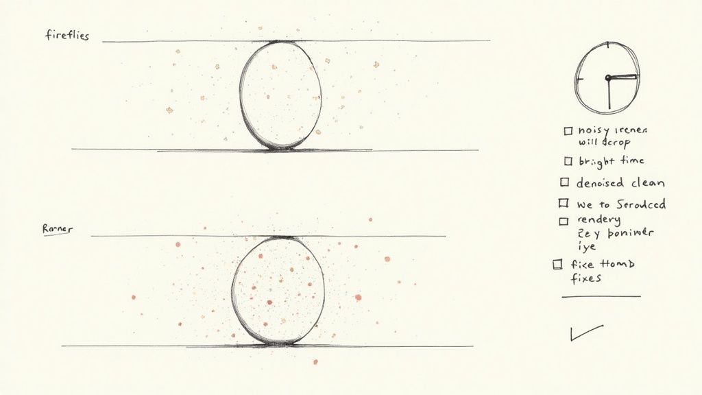 An image showing a split-screen comparison of a noisy, problematic 3d render on one side and a clean, optimized version on the other.