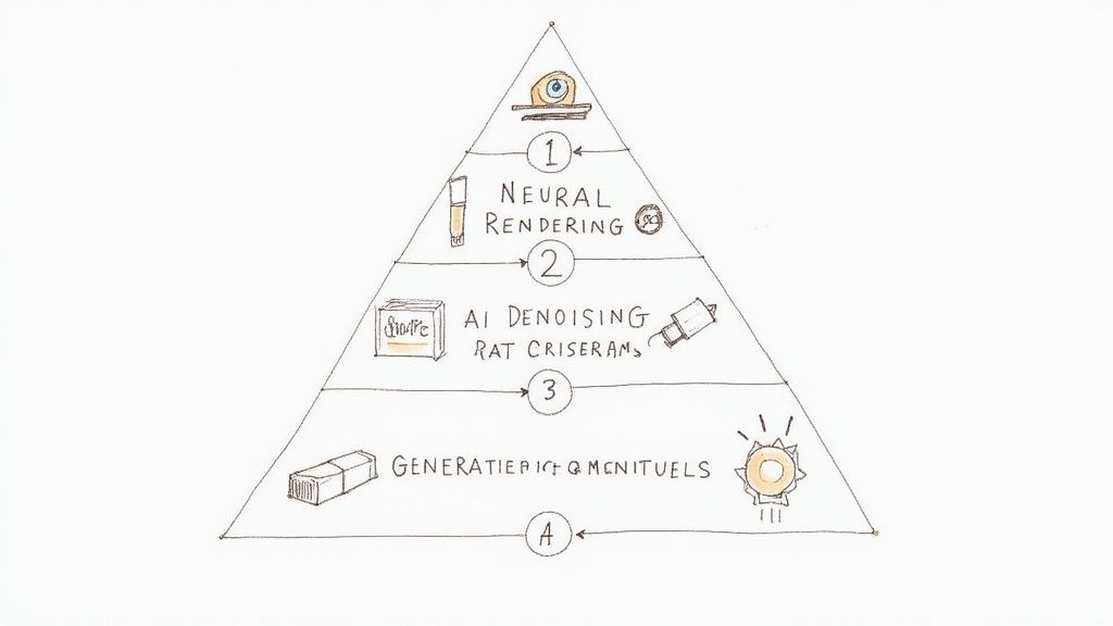 A close-up view of a neural network graphic with glowing nodes and connections, representing the complexity of Render AI.