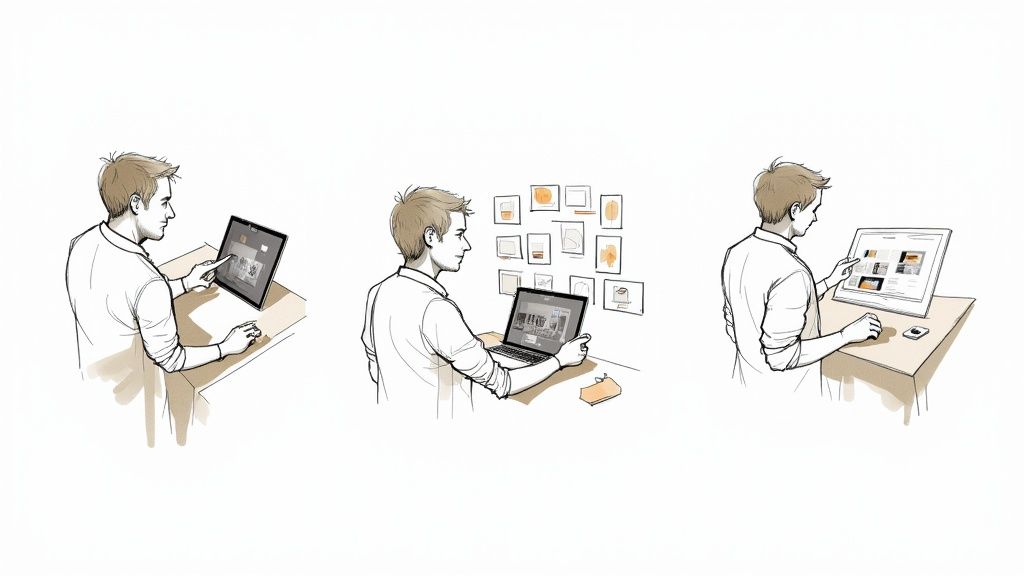 An interior designer presenting various AI-rendered style options on a tablet to a client in a modern living room setting.