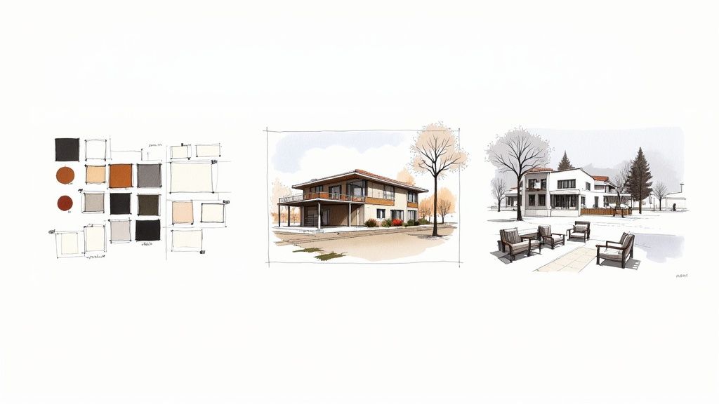 Architectural sketches displaying a color palette, a modern house design, and a building with outdoor patio furniture.