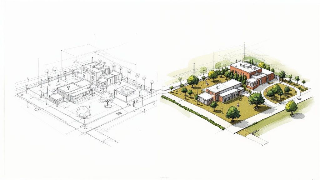 An aerial rendered site plan showing a residential community with houses, roads, green spaces, and a lake