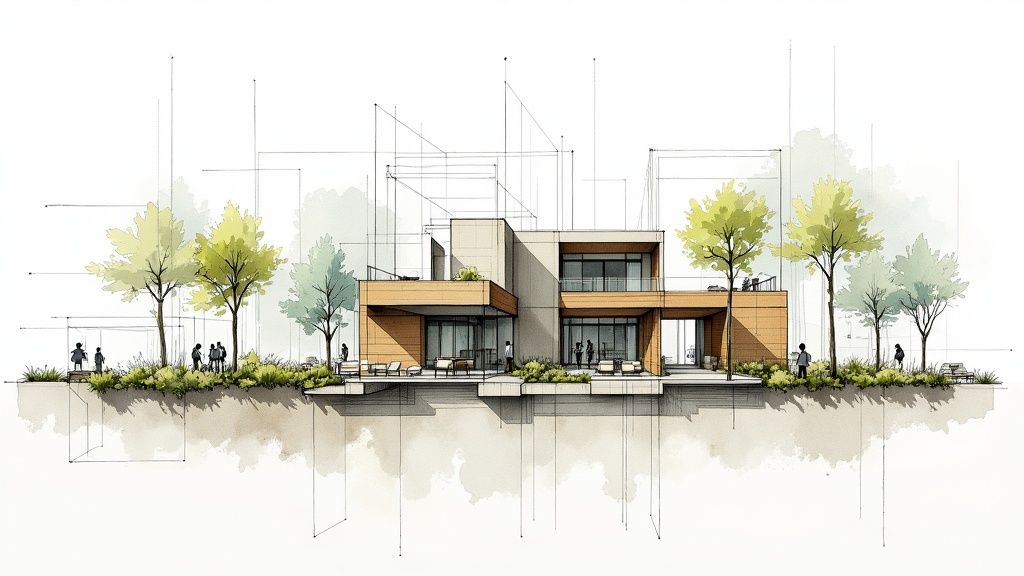 An aerial view of a detailed rendered site plan showing buildings, landscaping, and amenities.