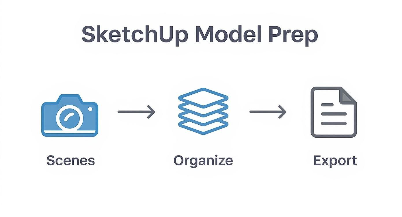 A diagram illustrating the SketchUp model preparation process: Scenes, Organize, and Export steps.