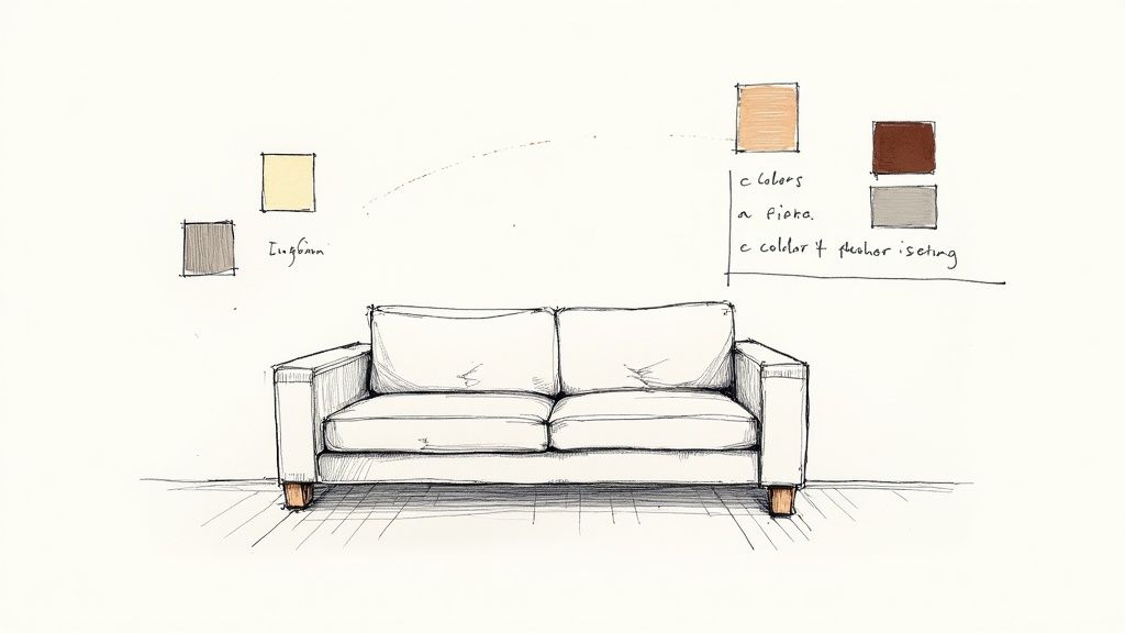 Hand-drawn sketch of a light-colored sofa with various fabric color swatches and design notes.